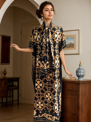 Women's Plus Size Printed Maxi Dress with Scarf, Baroque Design
