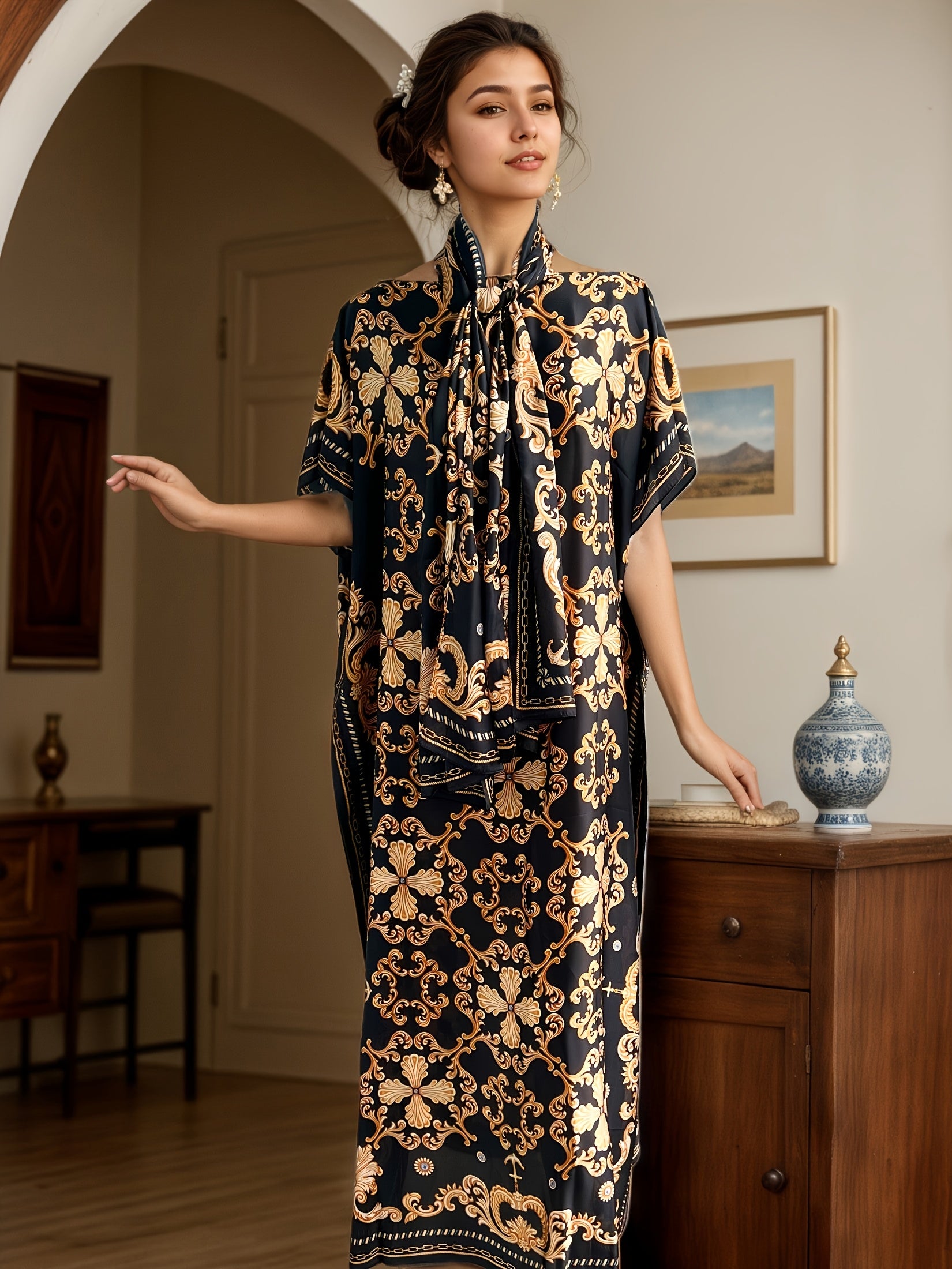 Women's Plus Size Printed Maxi Dress with Scarf, Baroque Design
