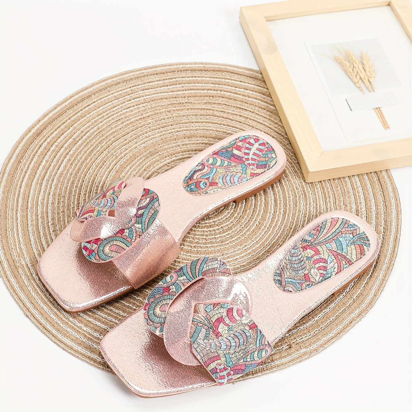 Women's Ethnic Flat Sandals TPR Sole Faux Leather Upper Summer Slip-On Square Toe