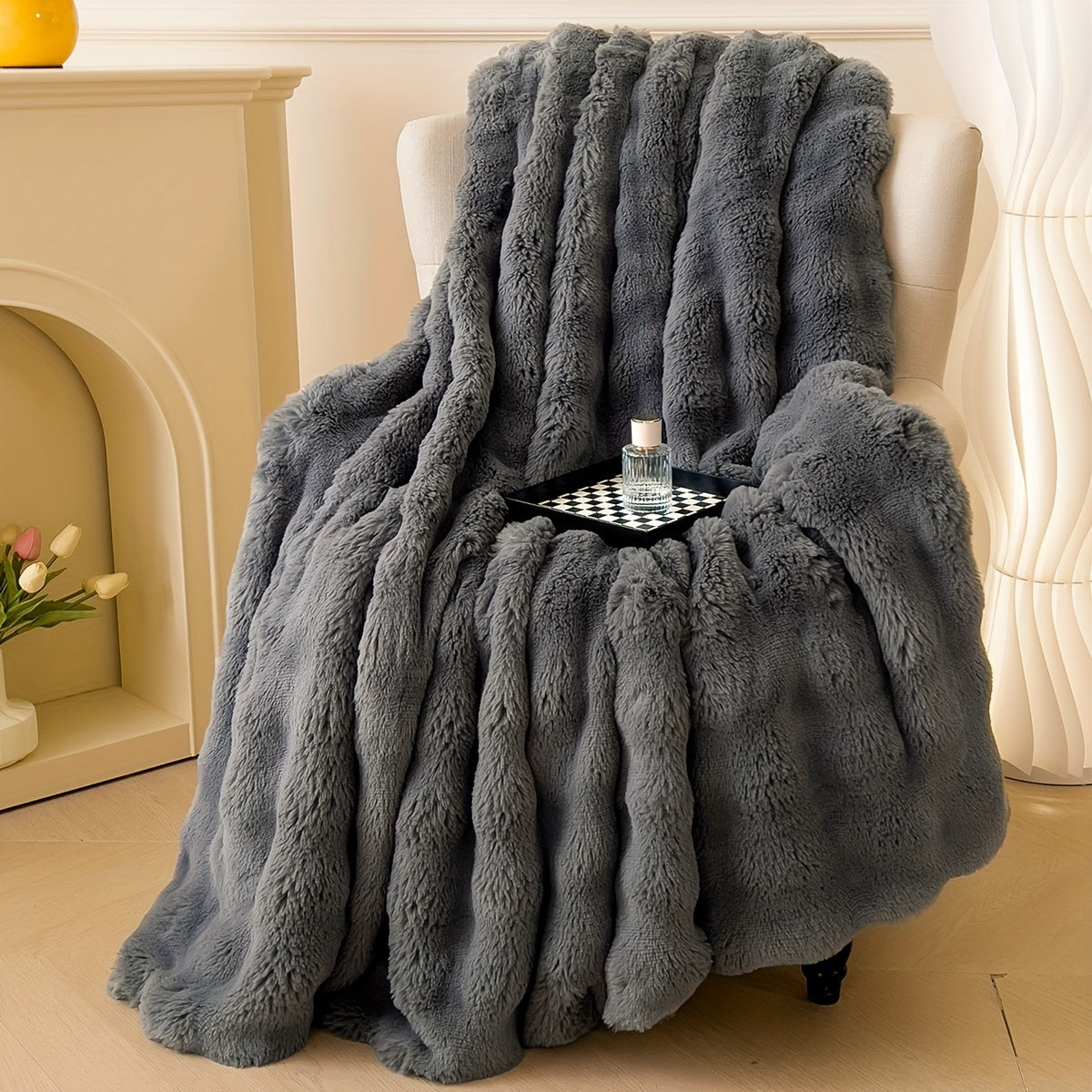 Polyester Faux Rabbit Short Plush Bed Blanket Solid Color Multi-Purpose All Seasons