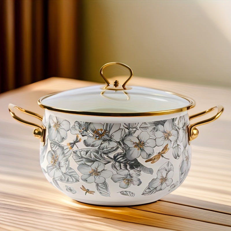 Enamel Soup Pot with Golden Trim, Dragonfly and Floral Design, 3 Quart