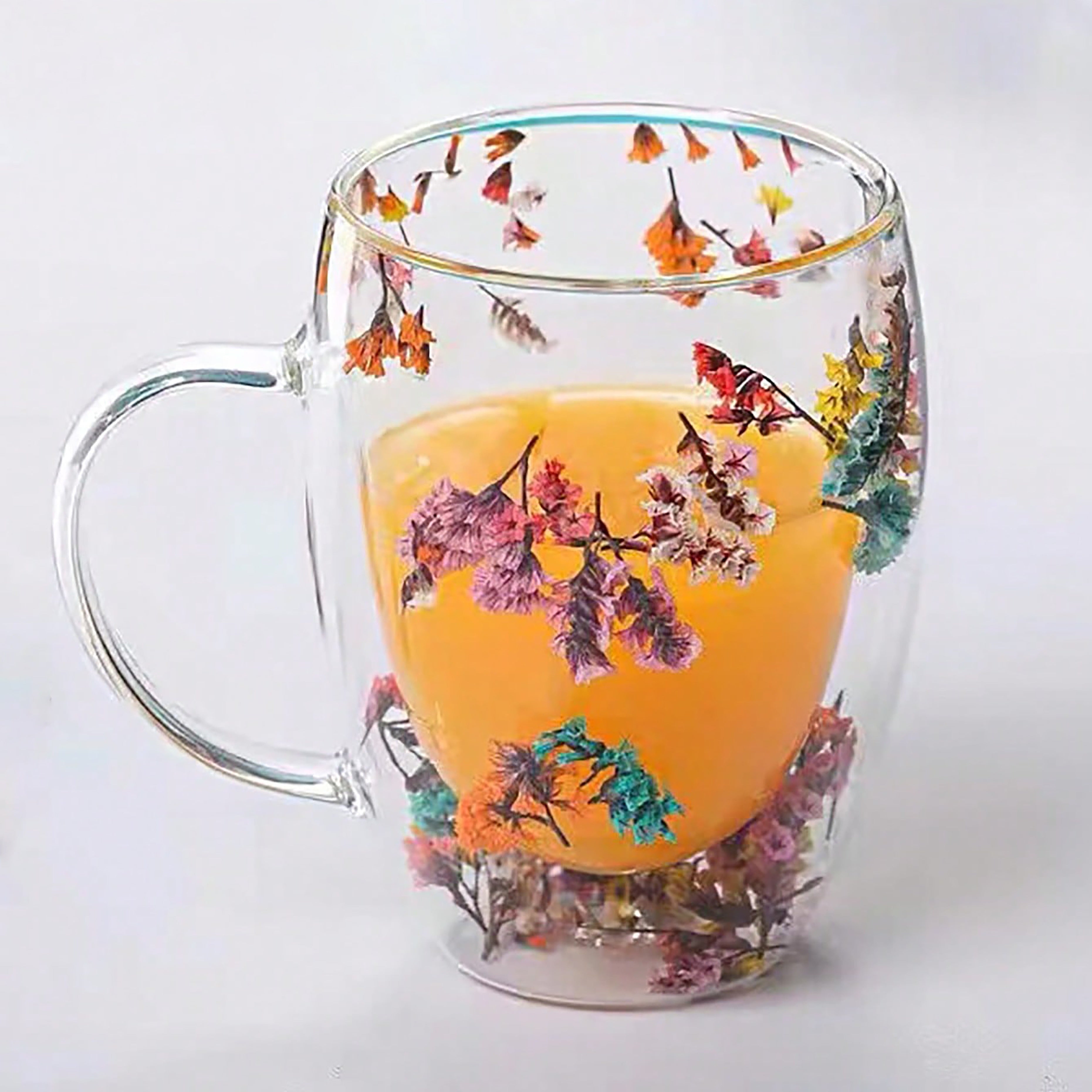 Taza de café de vidrio con flores secas, taza de doble pared para espresso y bebidas calientes