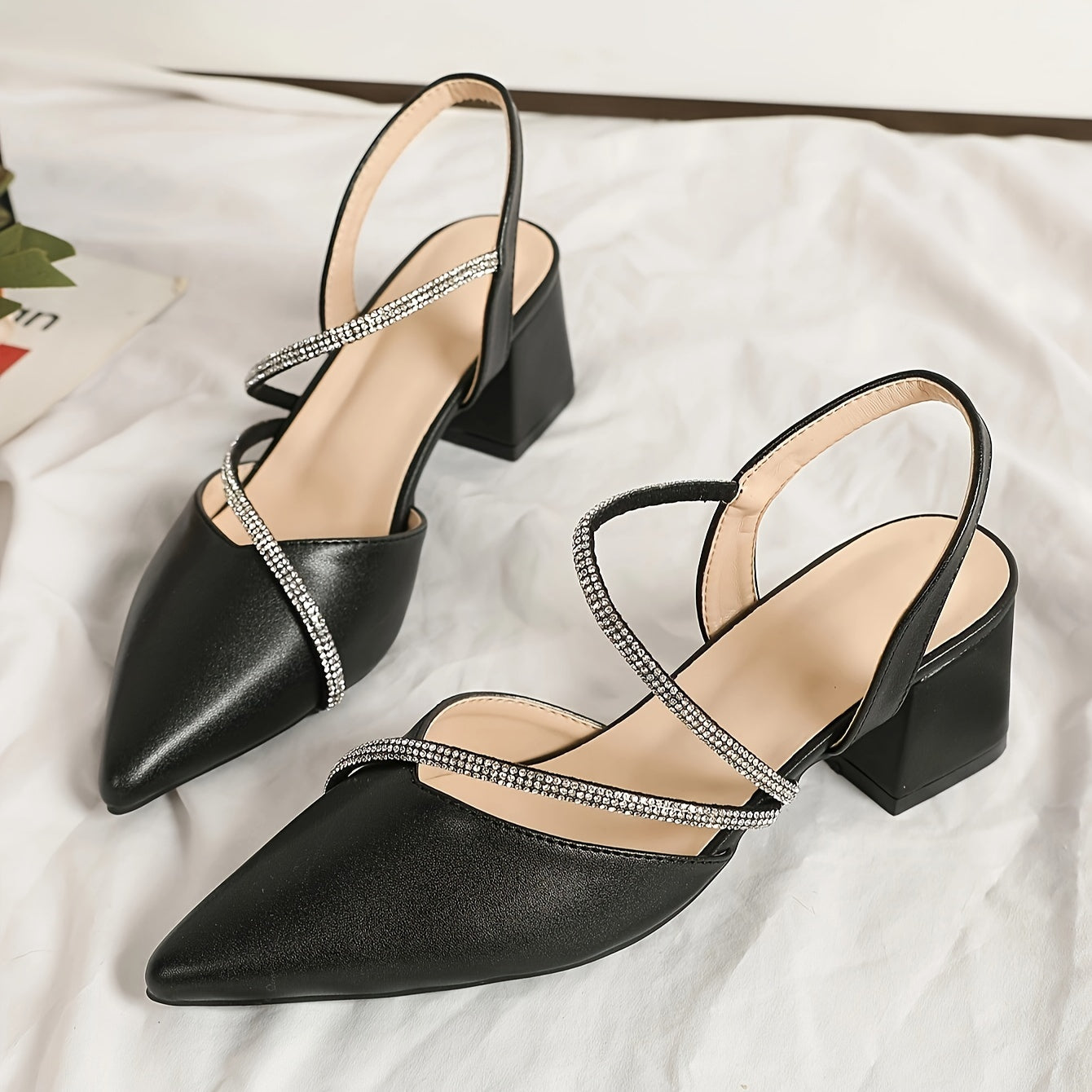 Women's Chunky Heel Sandals with Pointed Toe Rhinestone Accents Faux Leather All-Season