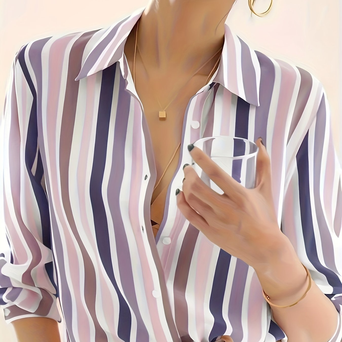 Women's Striped Woven Polyester Shirt with Lapel Collar Long Sleeves Casual Spring Summer Fall