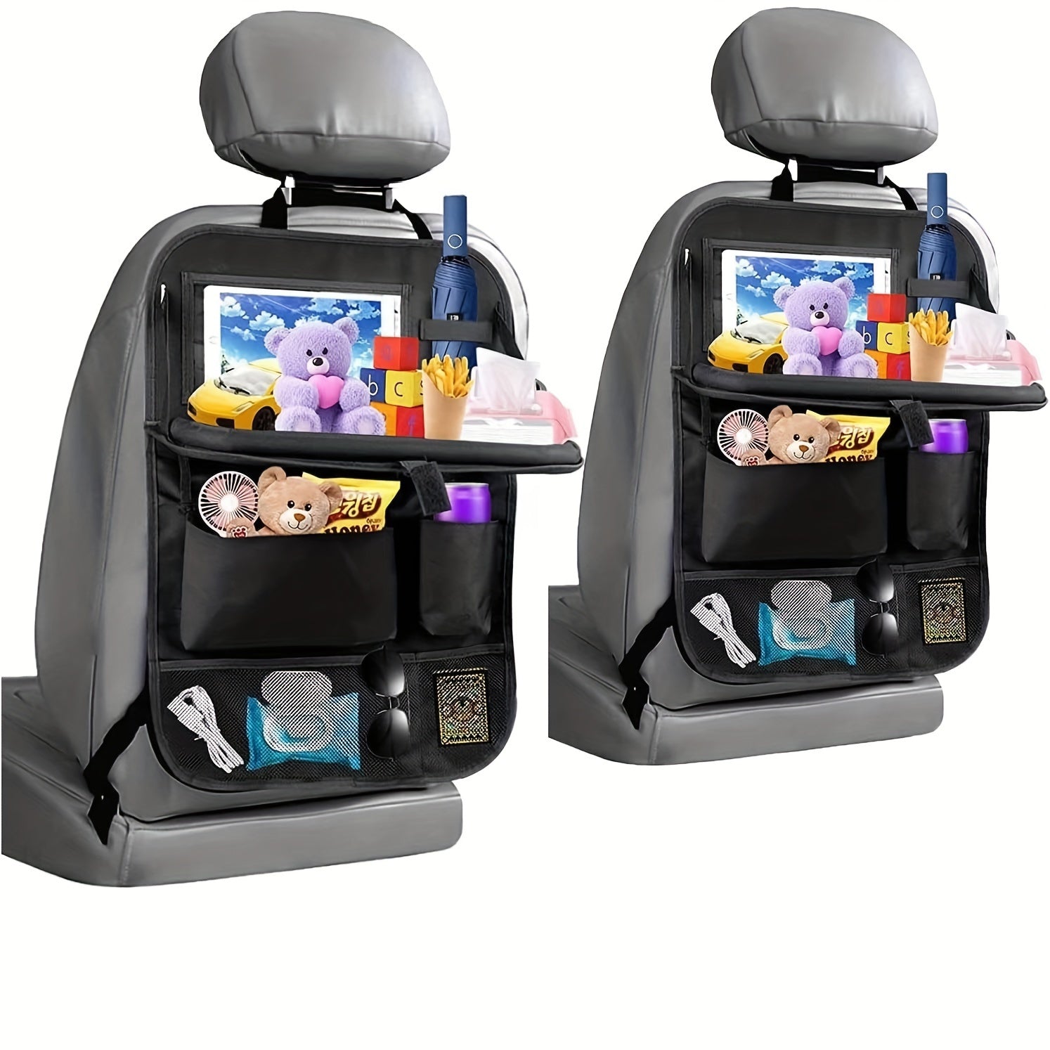 Organizador de asiento de coche de poliéster con bandeja de mesa para snacks y juguetes