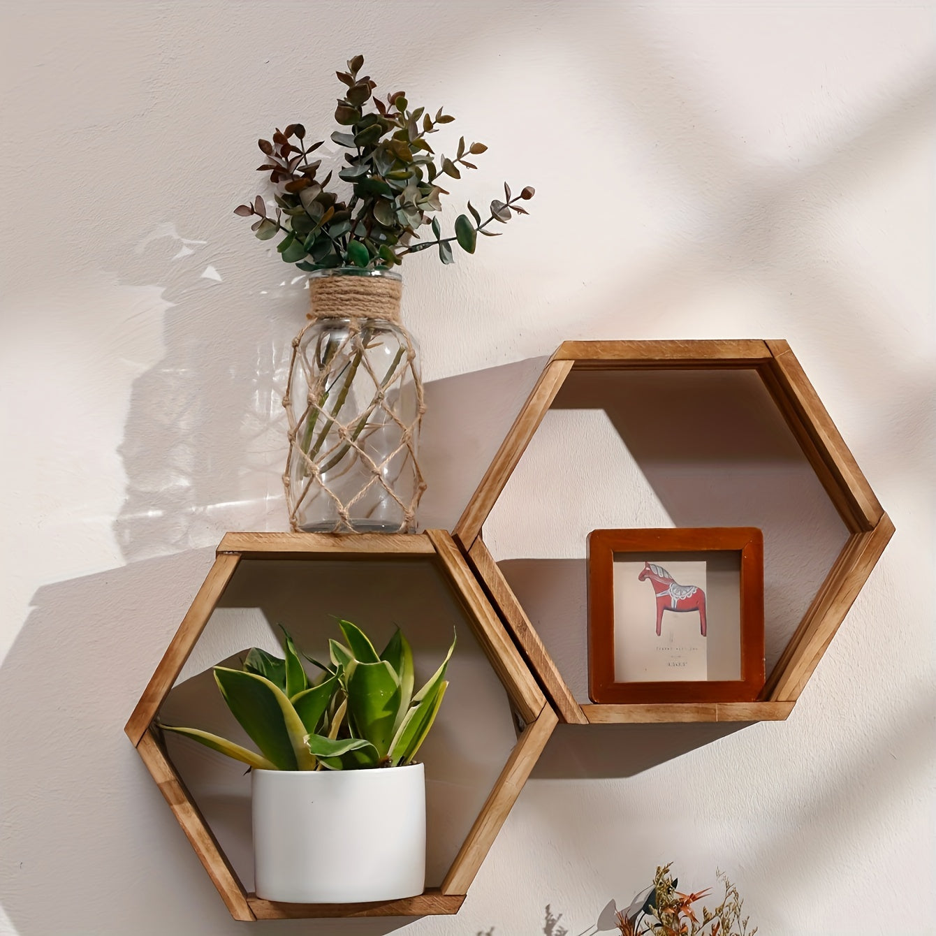 Brown Wood Hexagon Wall Shelf for Bedroom and Living Room Decor