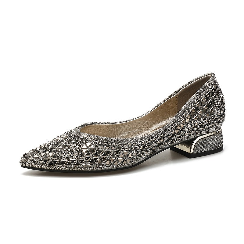 Ayollar uchun fransuz uchburchak botiqli, qalin poyali, ochiq botiqli rhinestone flats tufli