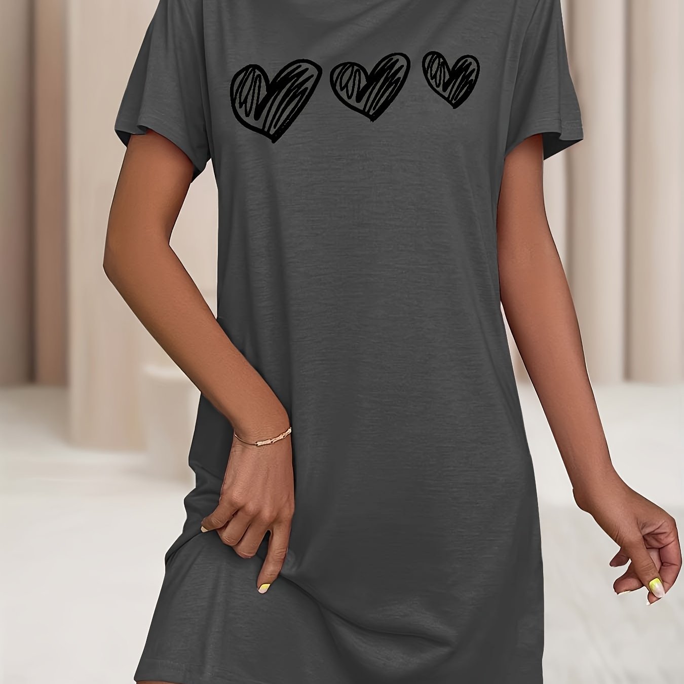 Women's Heart Pattern Sleep Dress Soft Stretchy Short Sleeve Nightgown