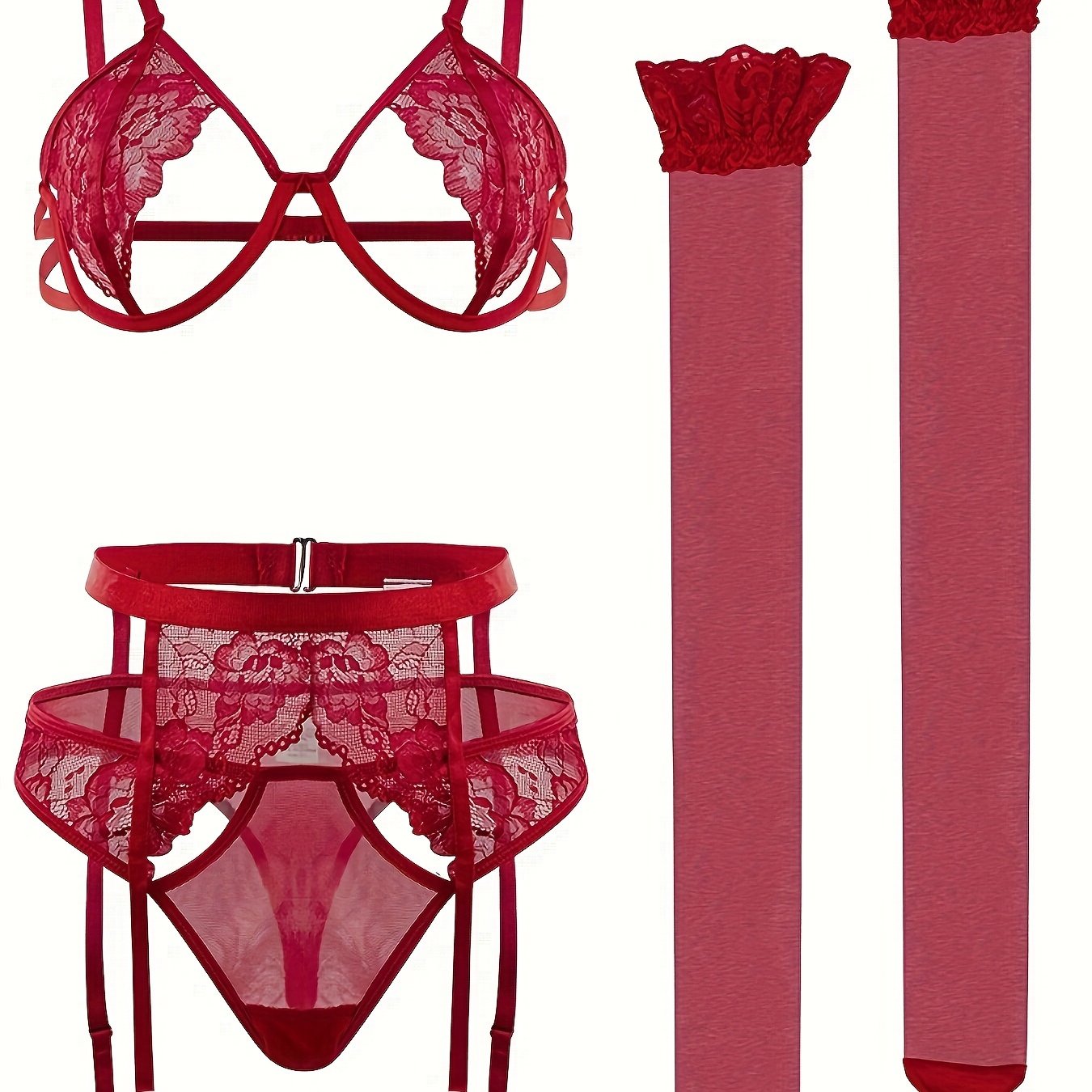 Lingerie Set 4-Piece Lace Detailing See-Through Stockings Garter Belt