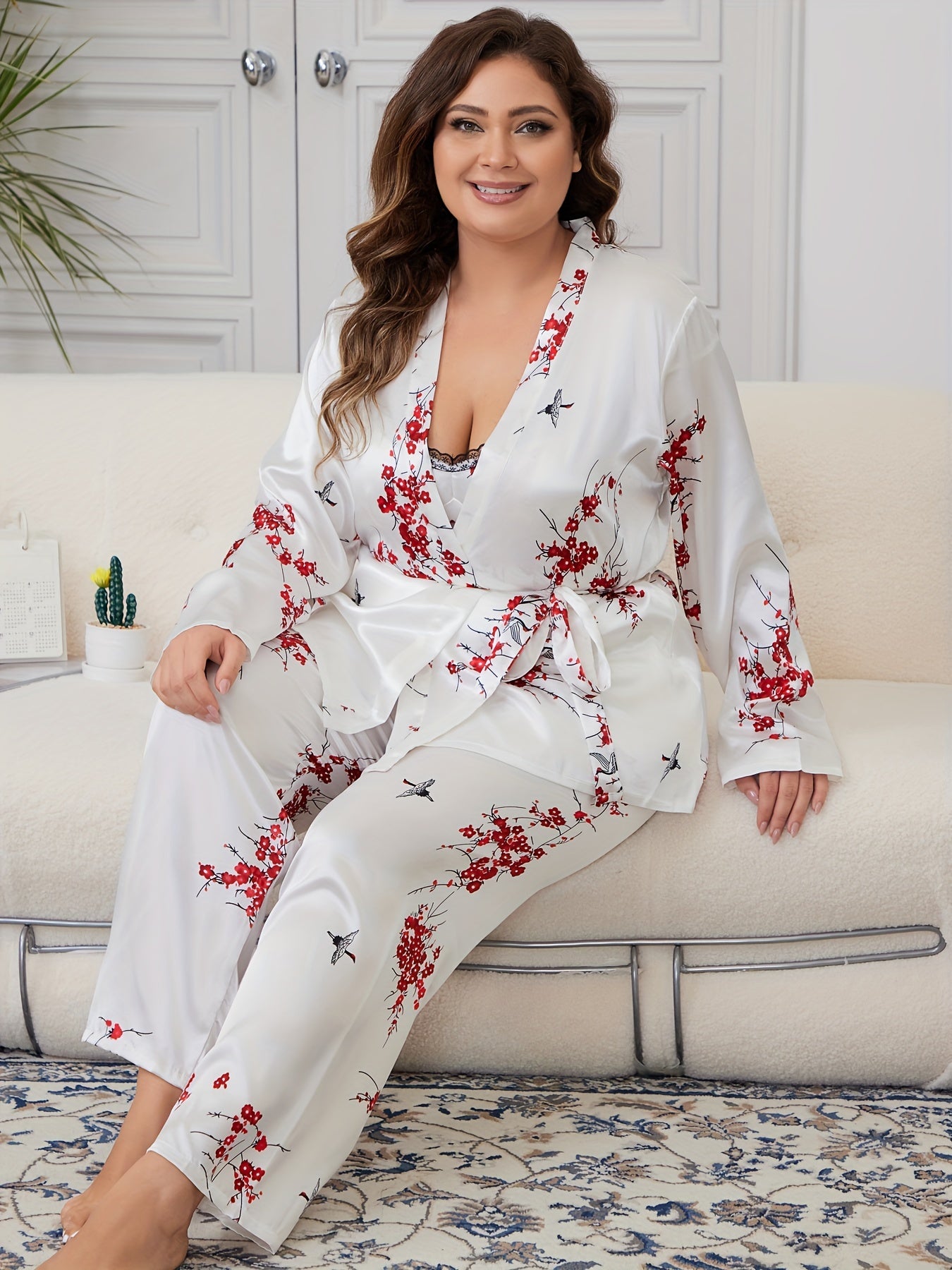 Plus Size Pajama Set with Floral Satin Robe and Lace Camisole