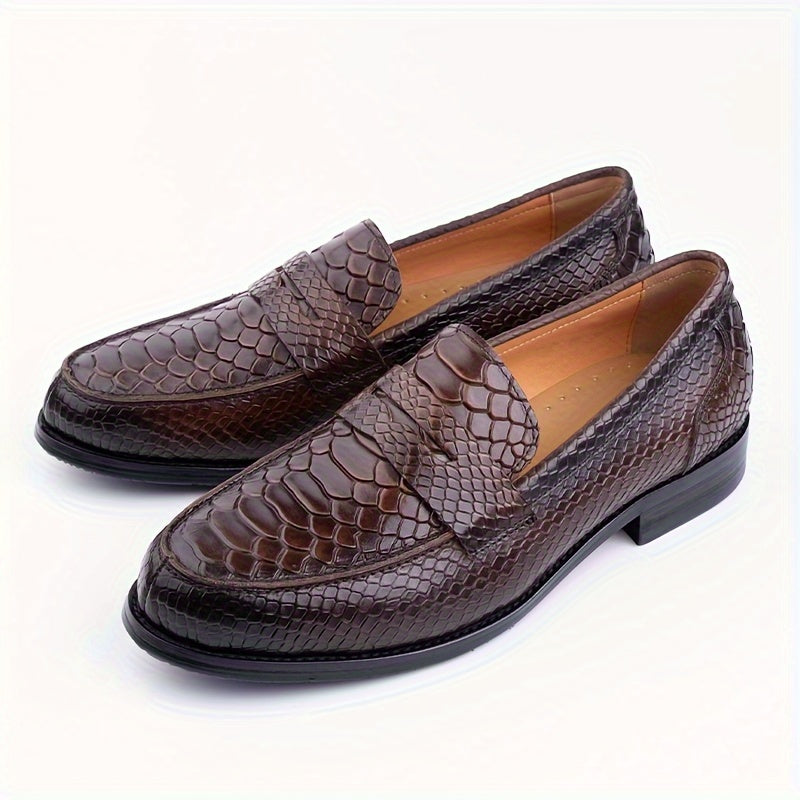 Men's Leather Loafers Casual Slip-On Shoes with Embossed Design and Rubber Sole