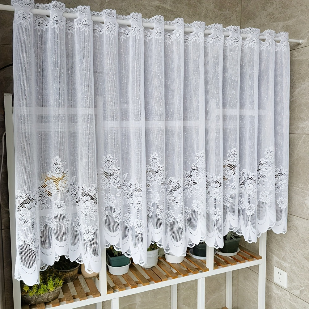 Cortina de encaje con bordado floral blanco y bolsillo para barra, visillo corto para cocina y baño