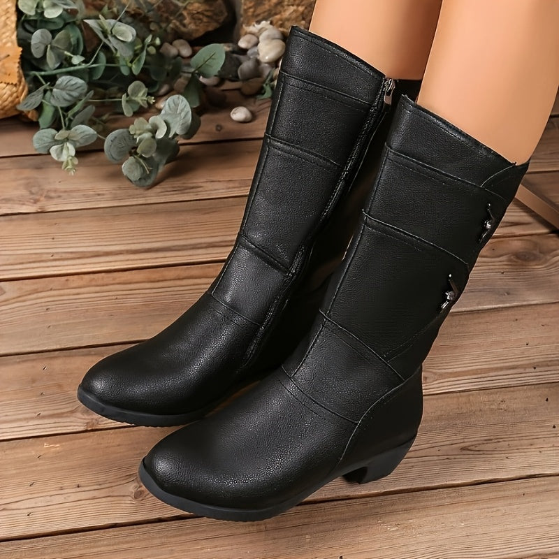 Women's Fleece-Lined Mid-Calf Ankle Boots with Zipper, Chunky Heel, Black