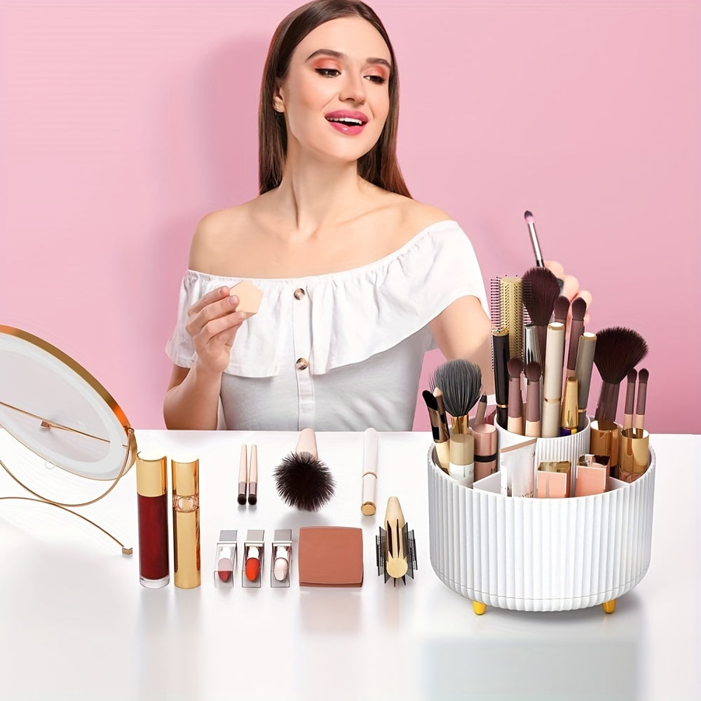 360° aylanish va cho'tkalar, lab bo'yoqlari va kansteynerlar uchun 5 ta bo'limga ega bo'lgan makiyaj cho'tkasi tashkilotchisi. Gippoallergen plastikdan tayyorlangan.