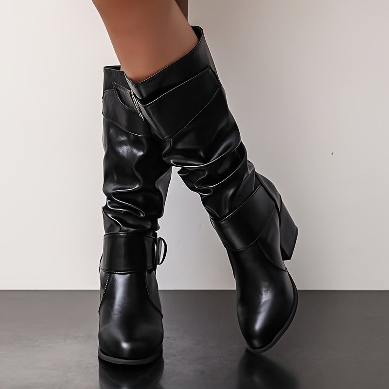 Women's Leather Thigh-High Boots With Belt and Buckle for Fall and Winter