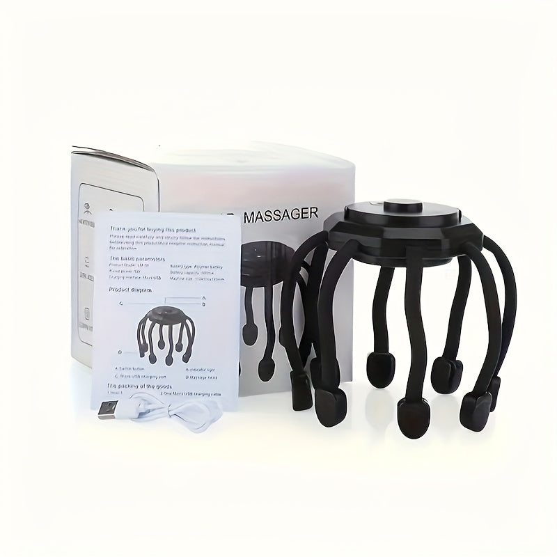 HOTU qayta zaryadlanadigan elektr bosh massajchisi, 8 barmoq massaji va 3 rejim bilan, USB quvvatlanadi, qora rangda portativ dizayn. Dam olish va chuqur dam olish uchun ajoyib.