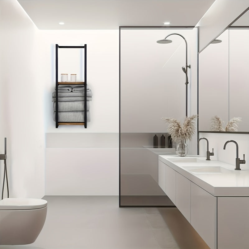Estante moderno de metal y madera para toallas y artículos esenciales en el baño