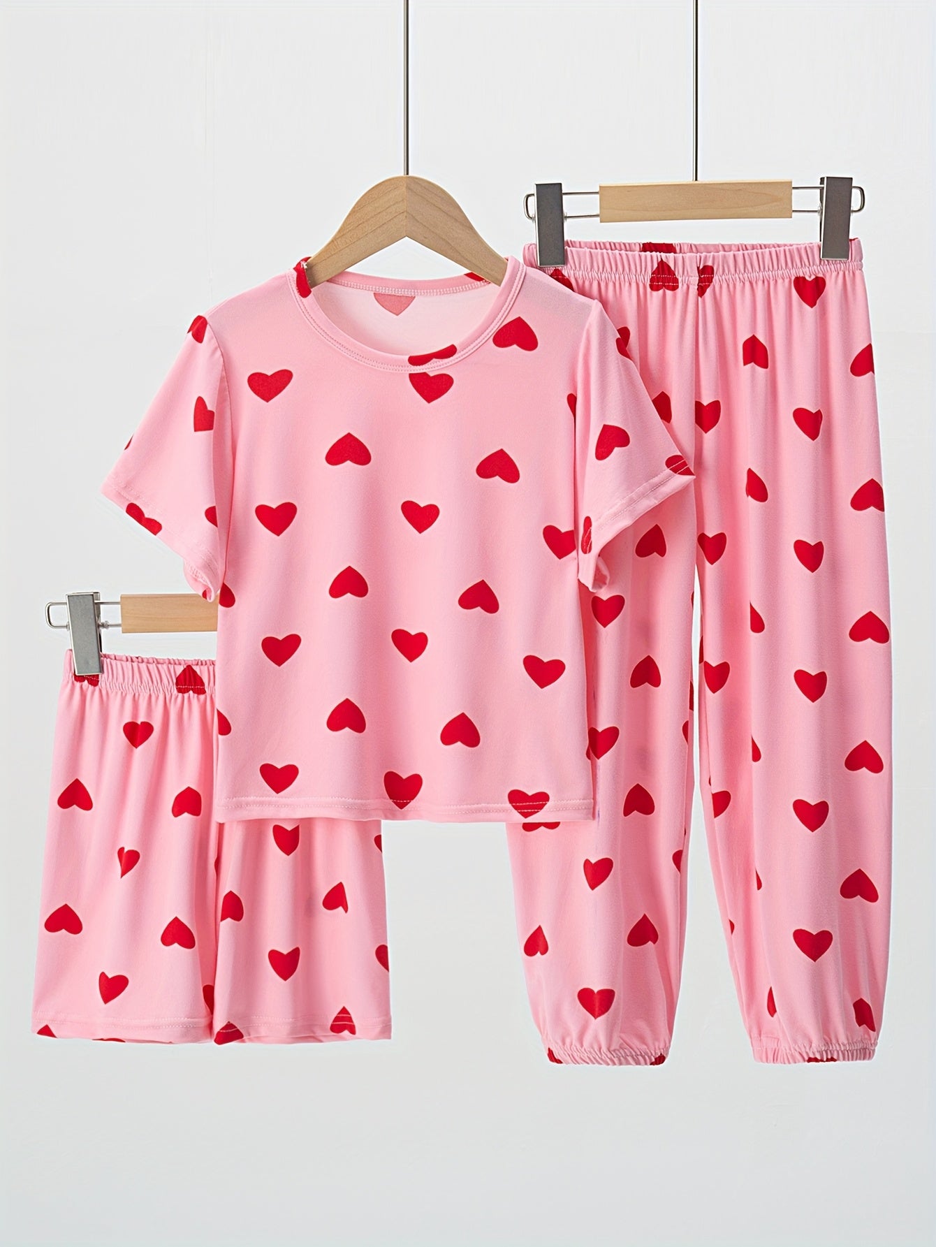 Girls' 3-Piece Flame-Resistant Pajama Set Pink Heart Print Short Sleeve Top Shorts Long Pants Kids 4-13