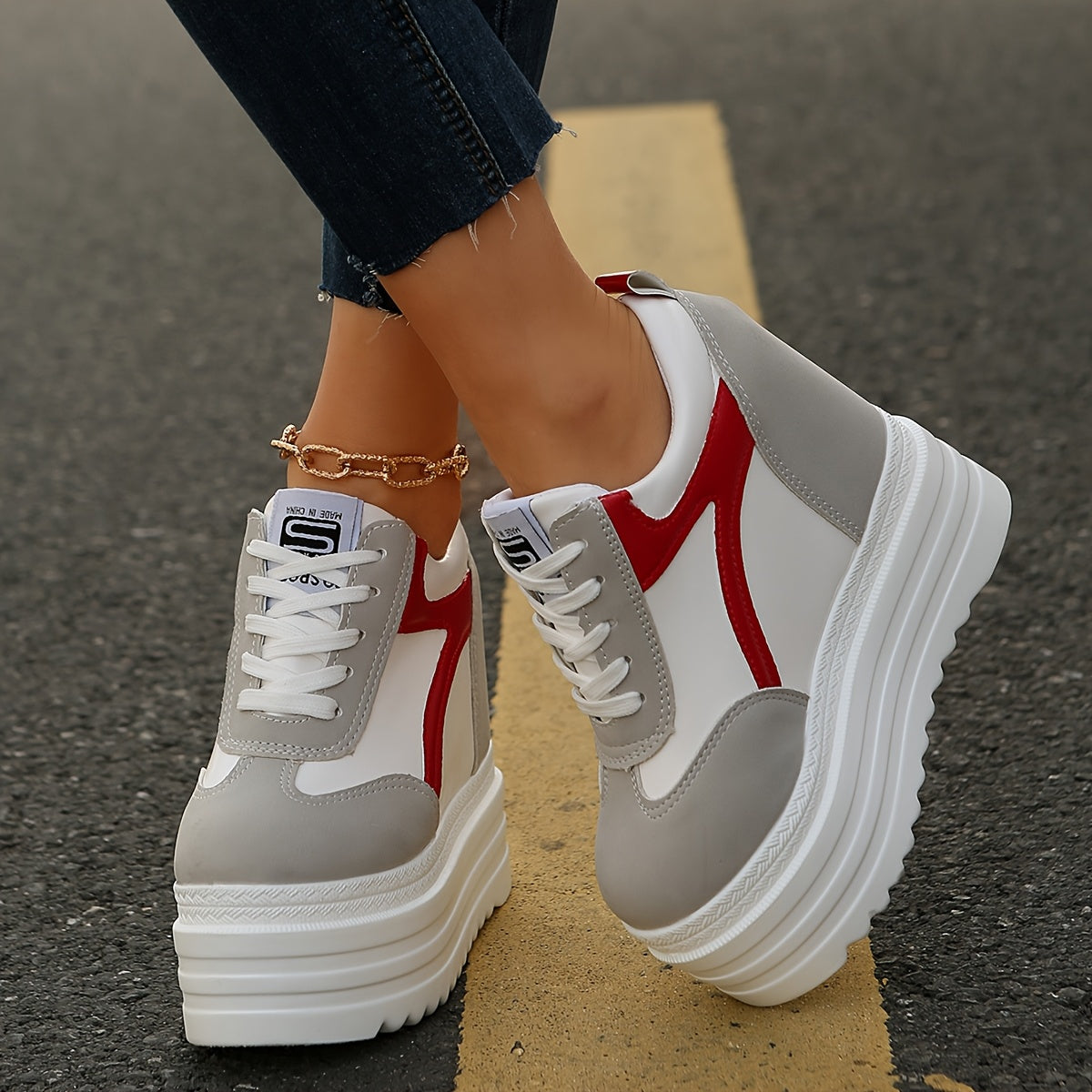 Women's Fashion Sneakers, Lace-Up, Color Block, Thick Platform, All Seasons