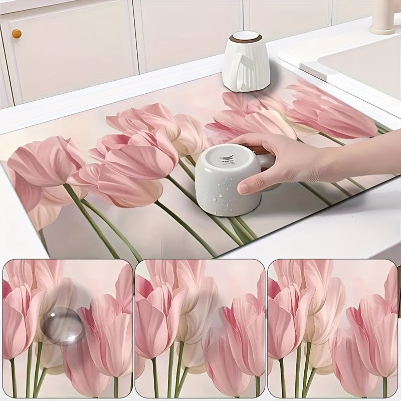 Floral Printed Dish Drying Pad Absorbent Mat for Kitchen Countertop and Bathroom
