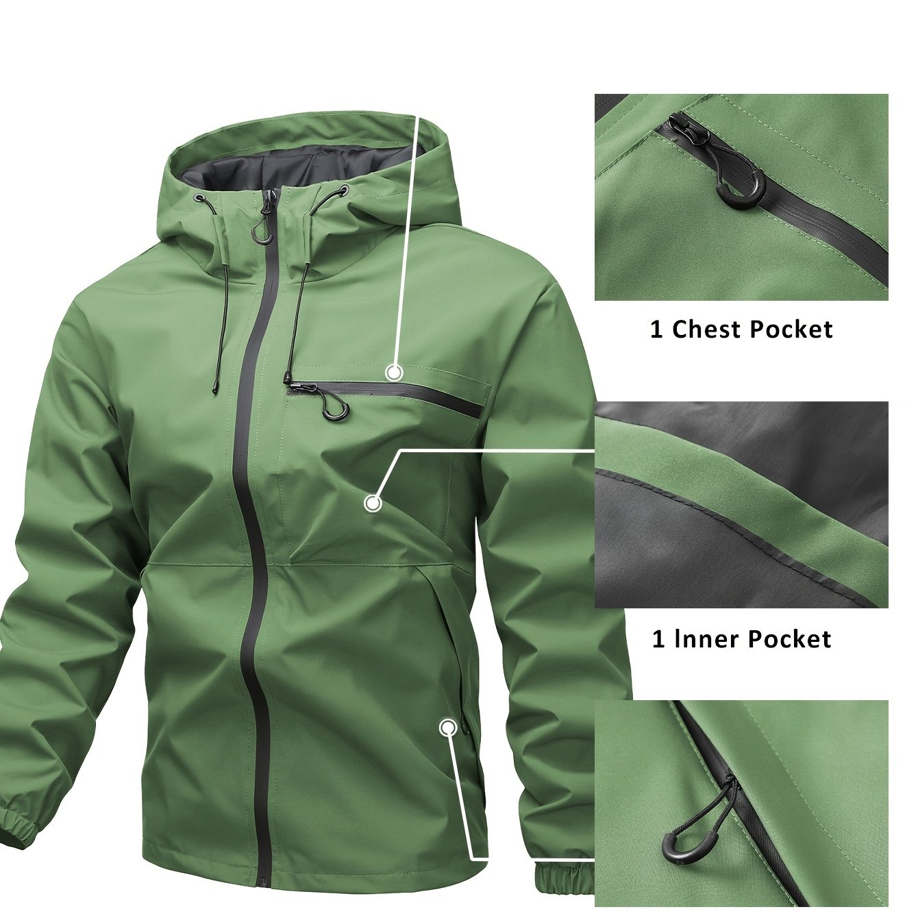 Men's Waterproof Windproof Hooded Jacket with Multi-Pockets Solid Color Outdoor Sports