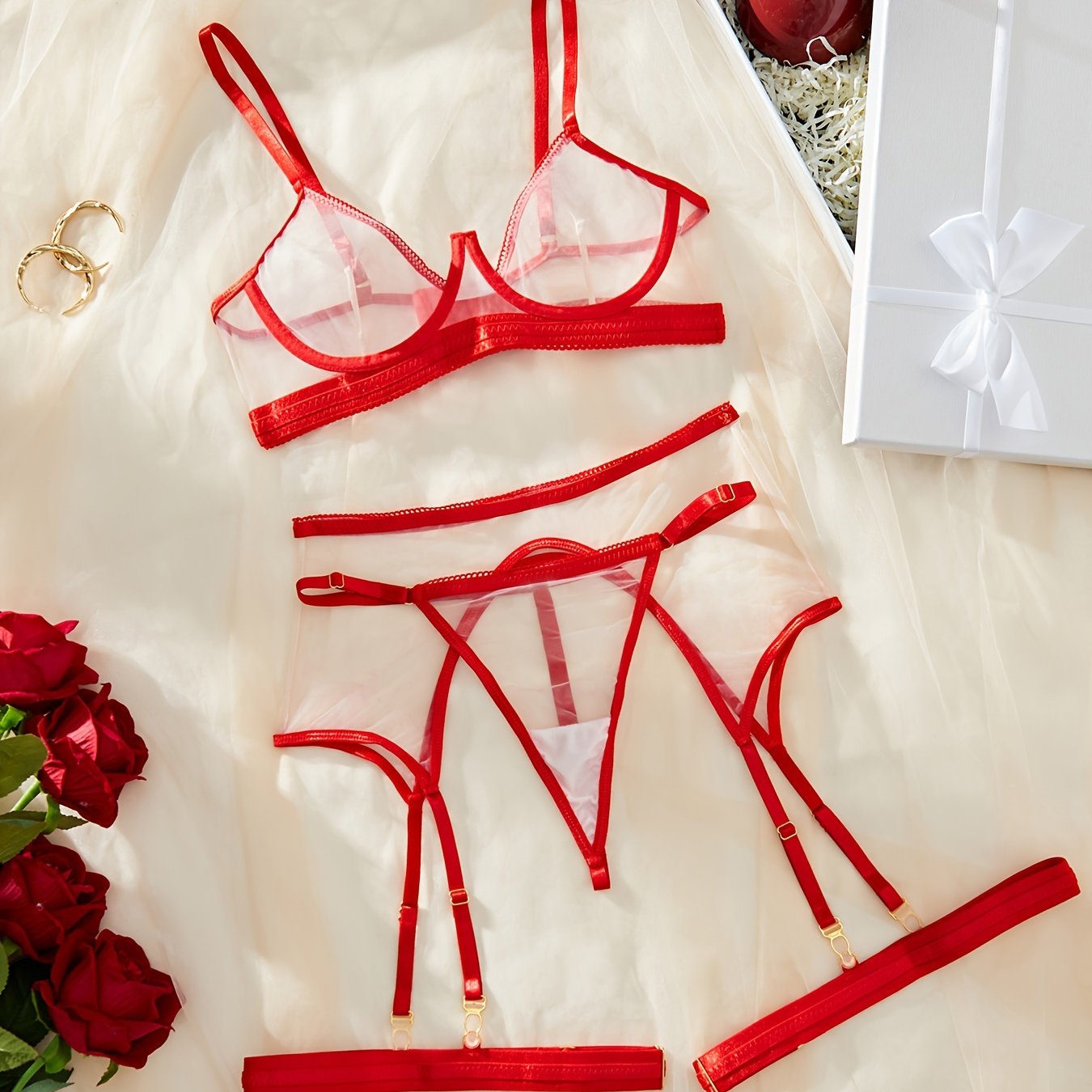 Conjunto de lencería de malla transparente para mujer con sujetador, tanga y liga con ribete en contraste