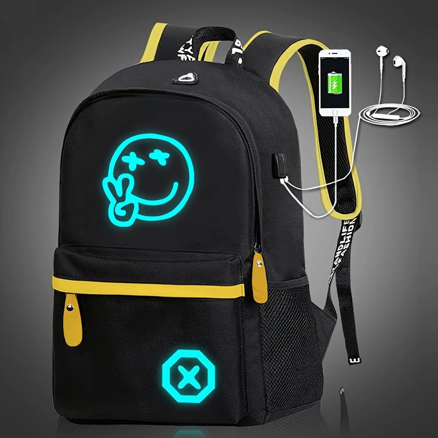Glow-in-the-Dark Cartoon Backpack with USB Charging Adjustable Straps Zipper Closure