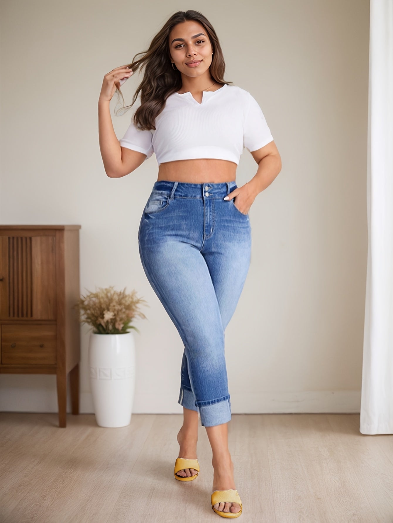 Pantalones de mezclilla de cintura alta elástica para mujer, de 7/8 de longitud, talla grande