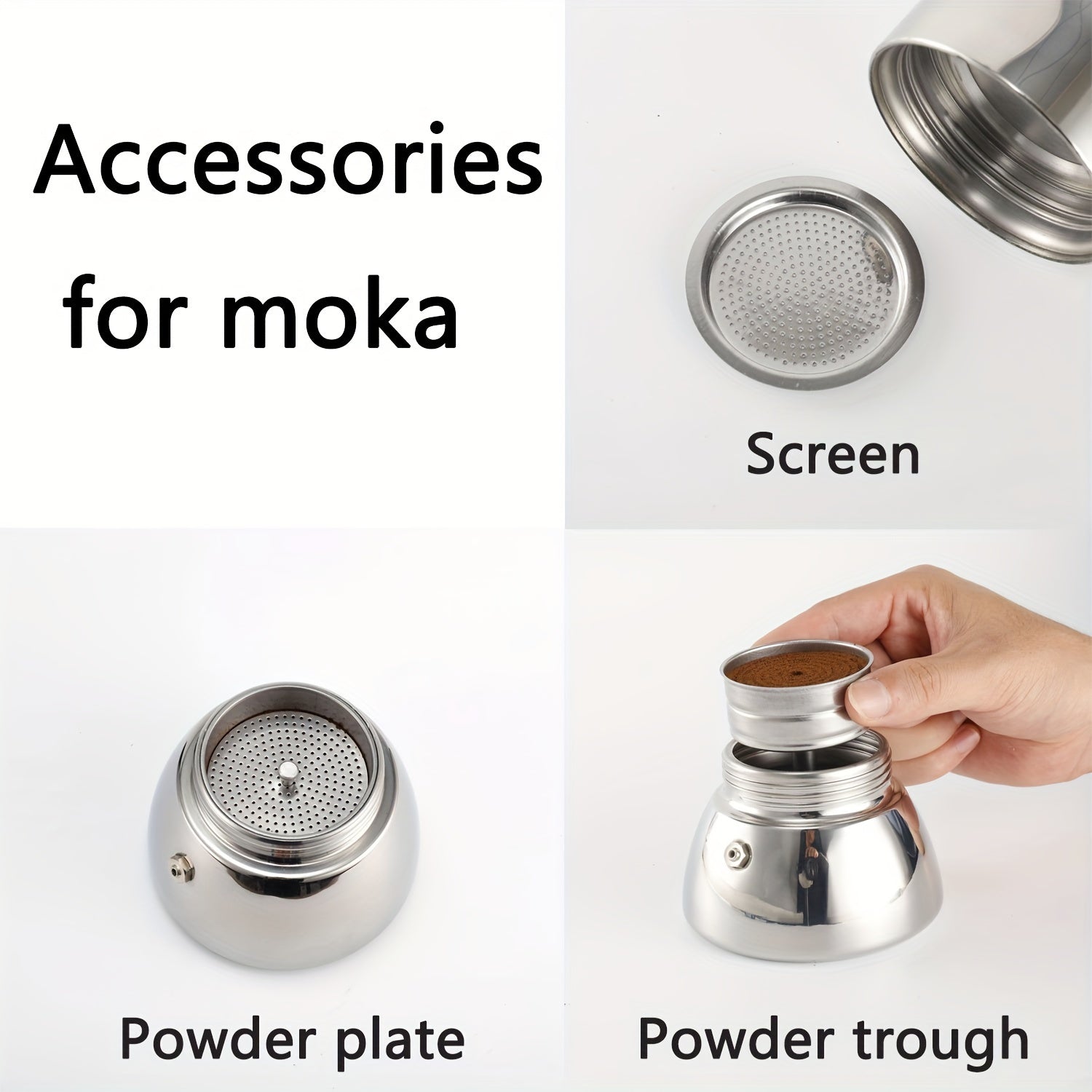 Stainless Steel Moka Pot Accessories Set Tamping Plate Filter Screen Powder Tank