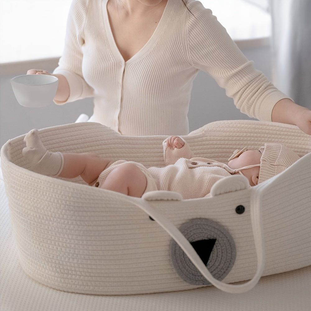 Baby Crib with Bear Design and Foldable Fabric Cradle with Storage Basket for Newborns to 3 Years