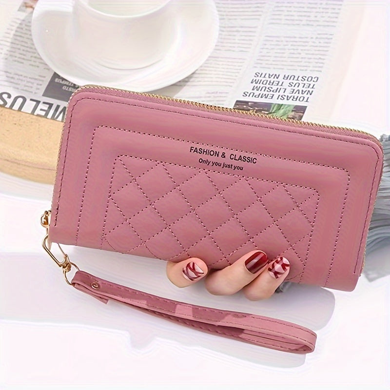 Women's Quilted Faux Leather Clutch Wallet with Wristlet in Red Black Burgundy