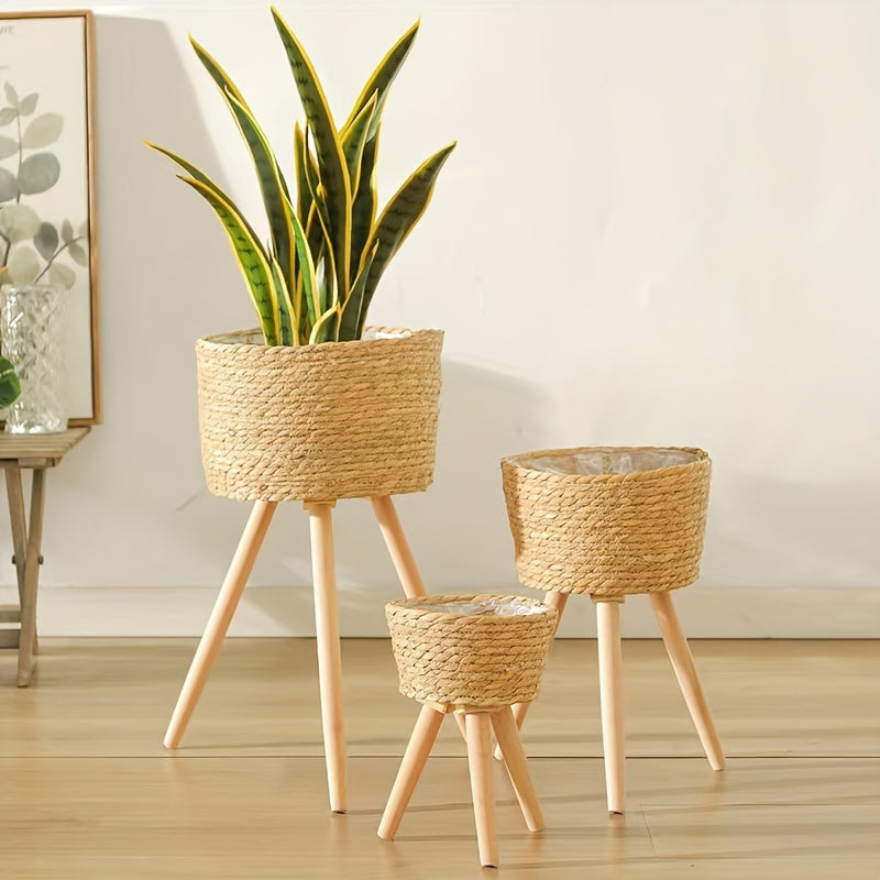 Nordic Style Plant Basket Decor Woven Rattan Flower Pot with Wooden Legs Indoor Balcony Stand 18cm 29cm 50cm