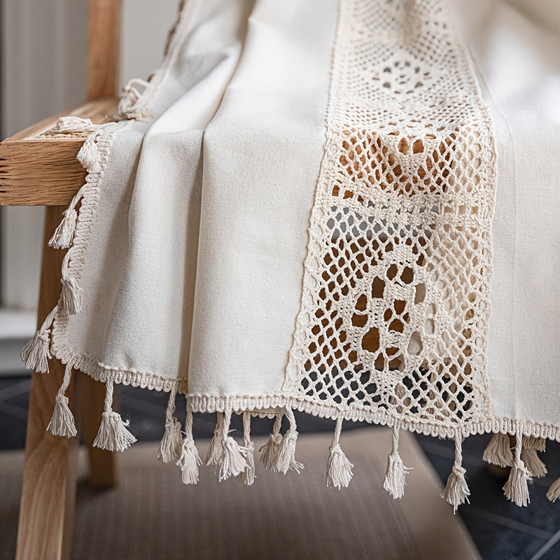 Cortinas boho de lino semi-opacas con patchwork de crochet crema para sala de estar y dormitorio