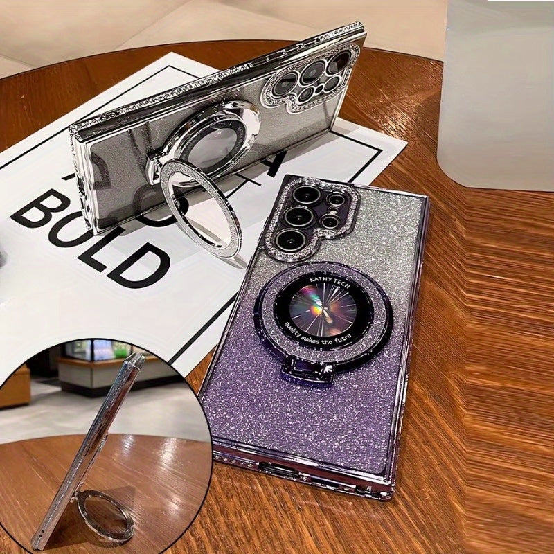 Magnetic Rhinestone Glitter Case for Samsung Plus TPU Plating with Holder and Wireless Charging