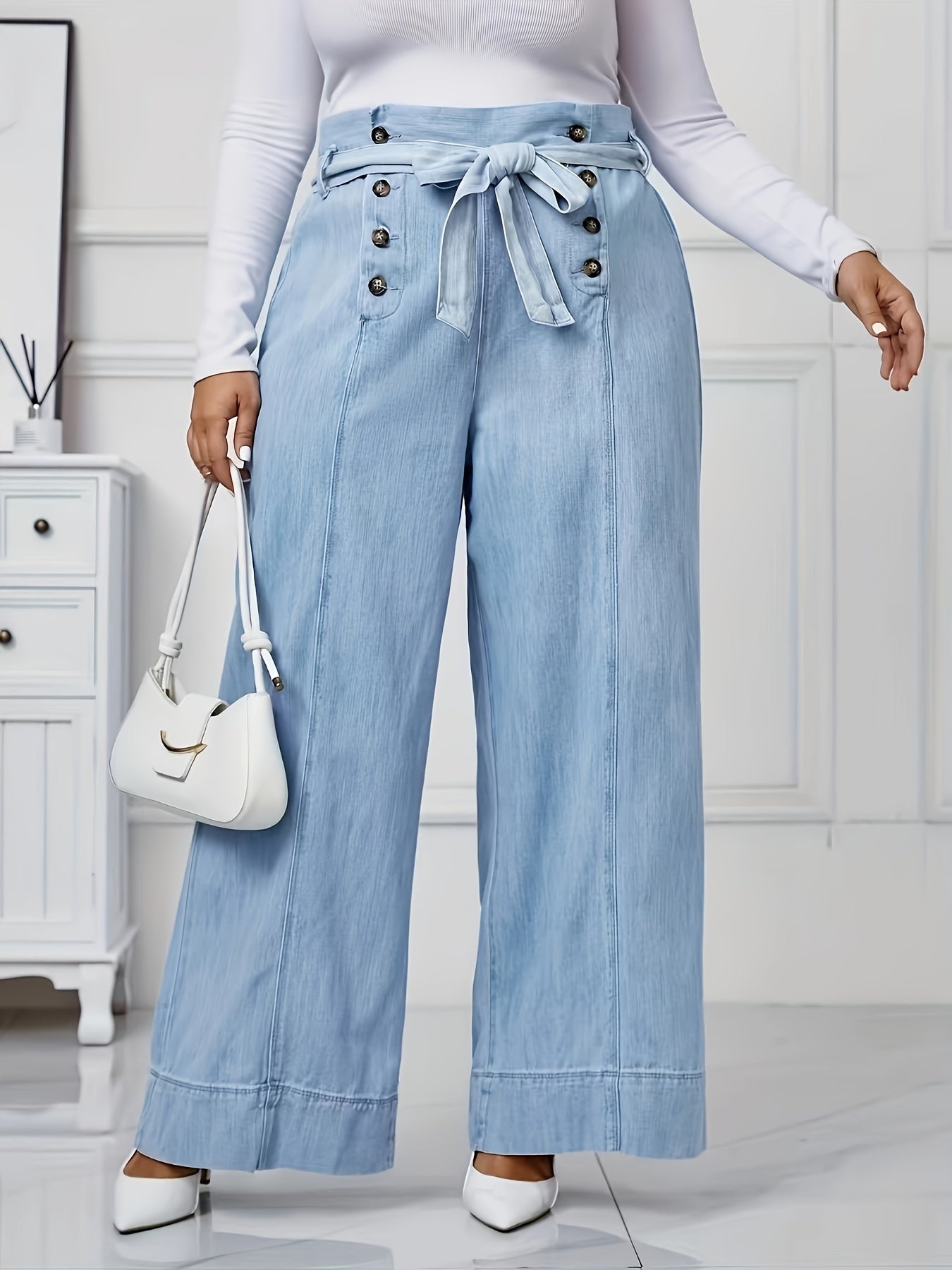 Jeans de mezclilla casual de talla grande para mujer de tiro alto y pierna ancha con cinturón