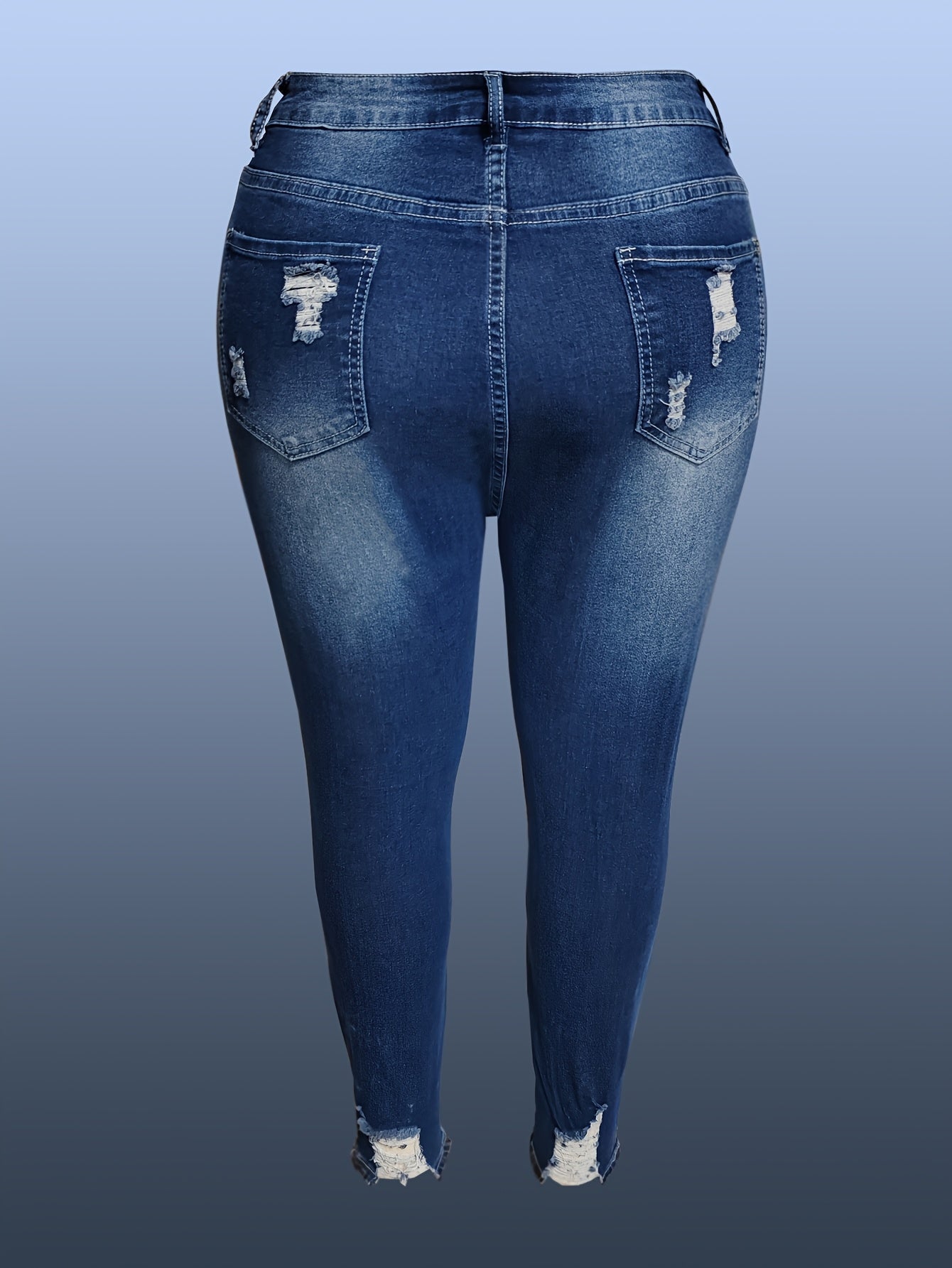 Women Plus Size High Waist Blue Ripped Skinny Jeans with Stretchy Fabric