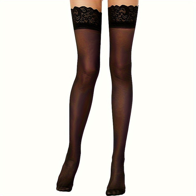 Women Sheer Lace Thigh High Stockings Over Knee Socks Solid Color