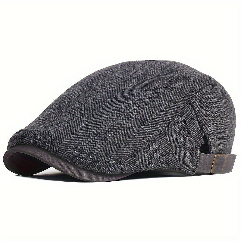 Katta o'lchamdagi Erkaklar Vintage Newsboy Kapa, Qalin Issiq Polyester Beret Materialidan Yasalgan, Tasodifiy Chiziqli Pichoq Dizayni, Herringbone To'qimasi bilan Sozlanadigan Tekis Kapa, Qo'l bilan yuvish oson.