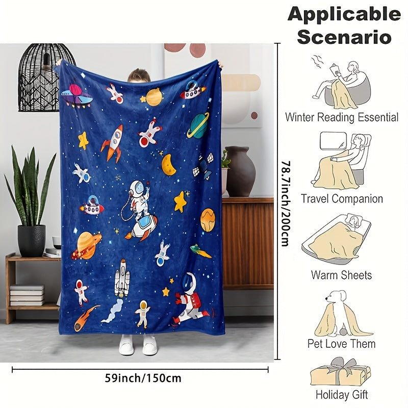 Warm Flannel Blanket with Cartoon Space Flying Saucer Design for Cozy Use