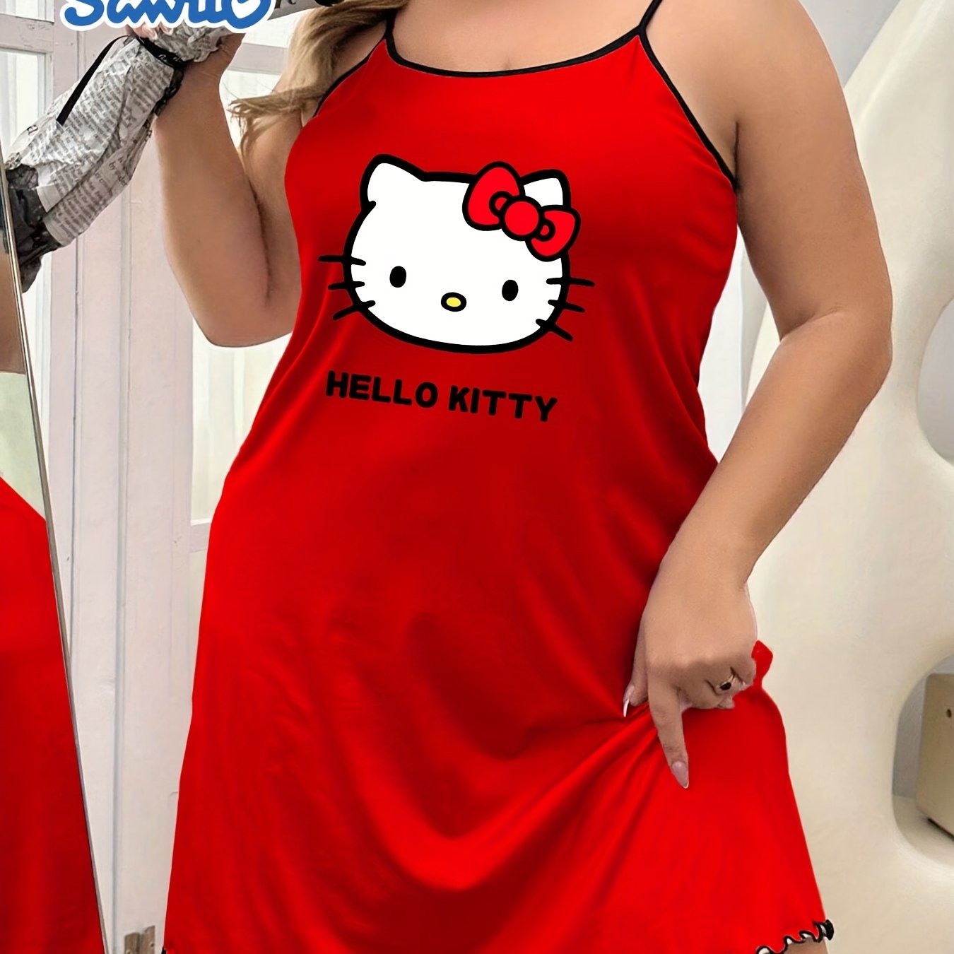 Women's Red Cartoon Print Sleep Dress, Ruffled Hem, Plus Size Nightgown