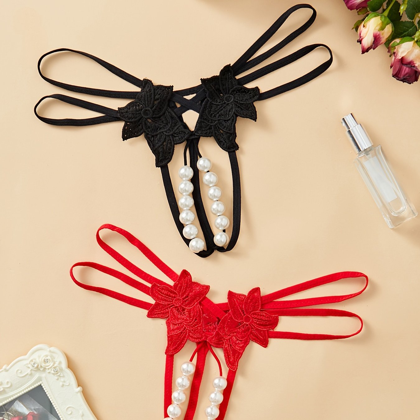 Women's Floral Applique Thongs with Faux Pearl Accents Low Waist Lingerie