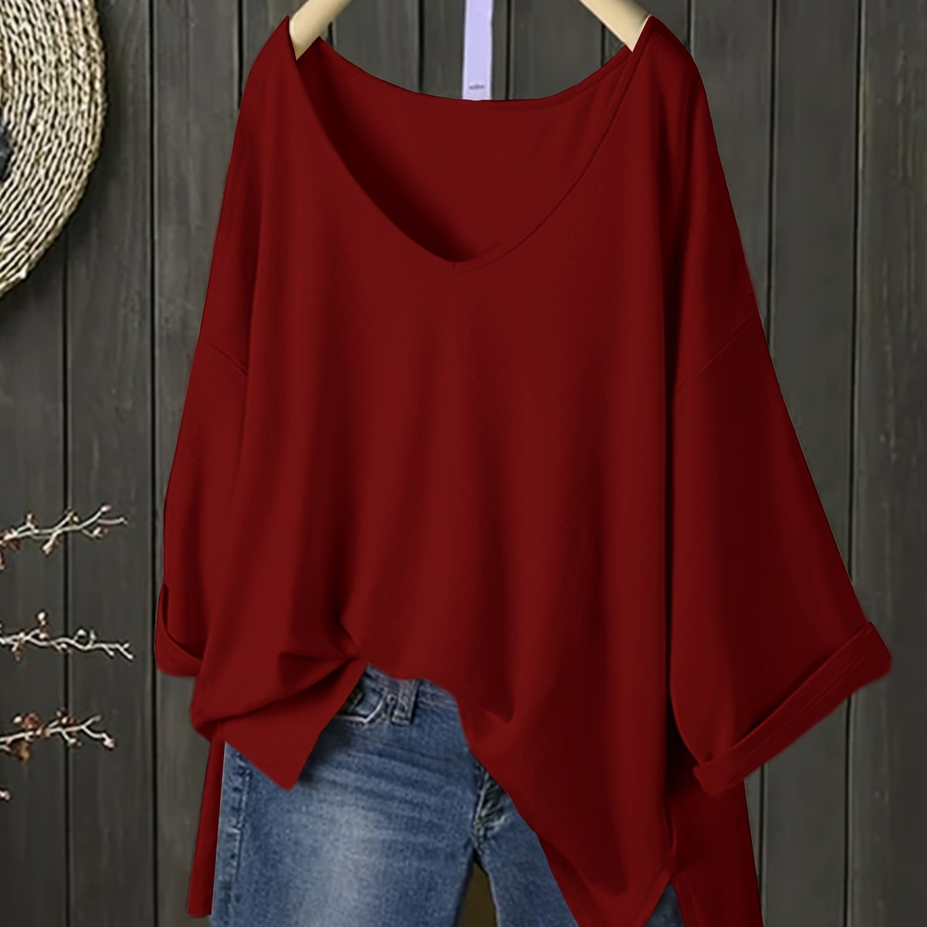 Women's V-Neck Knit T-Shirt Solid Color Polyester Slight Stretch All Seasons