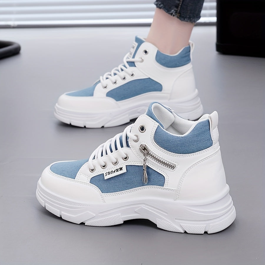 Women’s Leopard Blue White High-Top Sneakers with Thick Sole