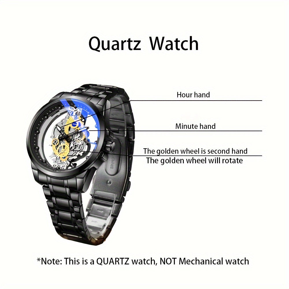 Men's Steel Band Watch with Luminous Openwork Sheer Bottom Quartz Watch Gift