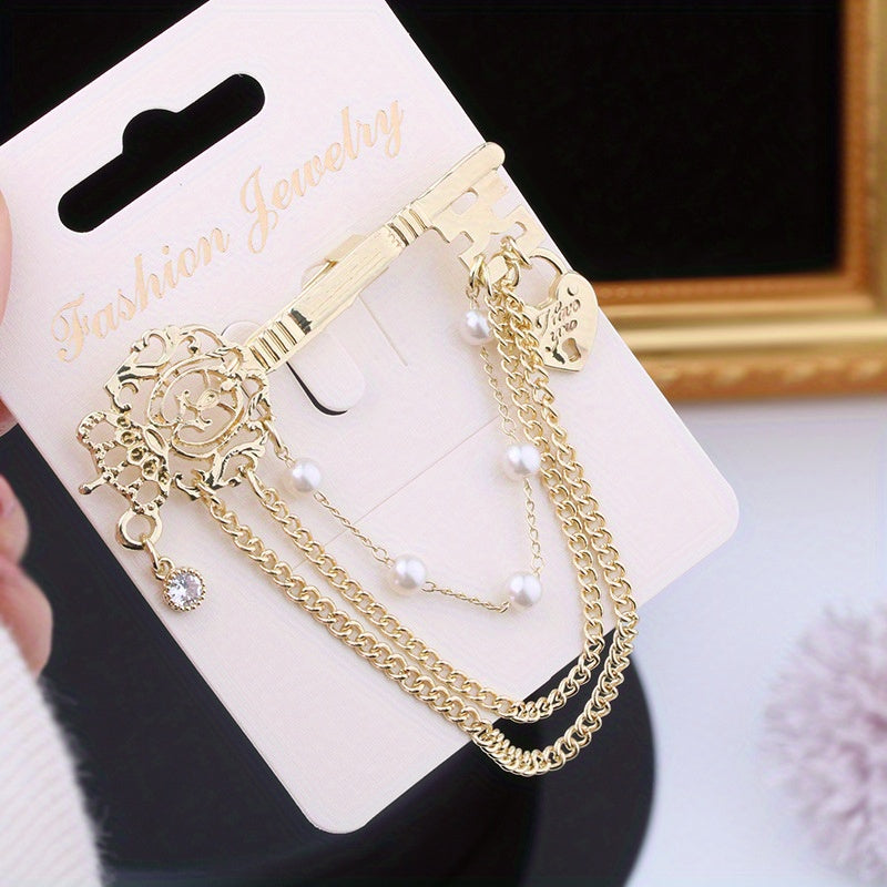 Elegant Key-Shaped Brooch with Rhinestones Pearl and Chain Tassel for Women and Men