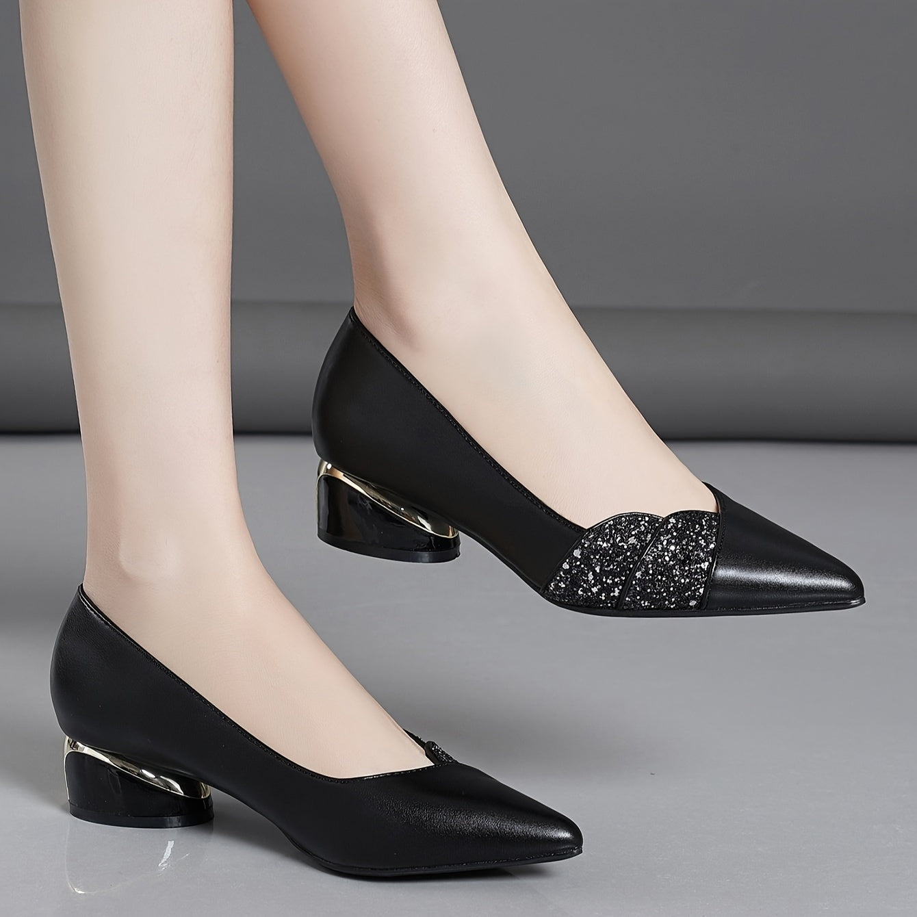 Women's Pointed-Toe Pumps with Rhinestone Detail and Chunky Heel for Fall