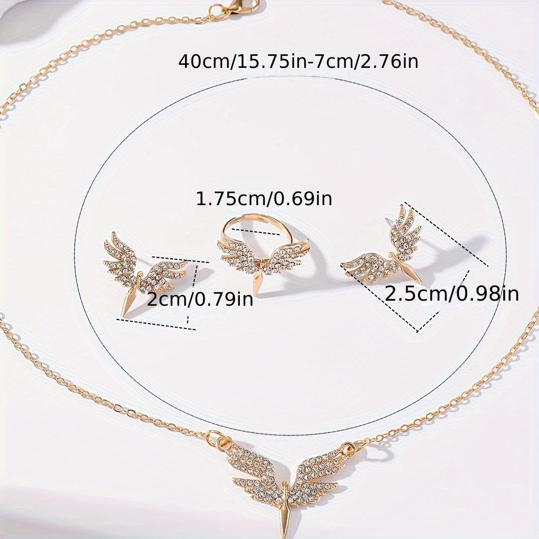 Women's Angel Wing Jewelry Set Gold Tone Black Accents Necklace Earrings Ring Gift for Women