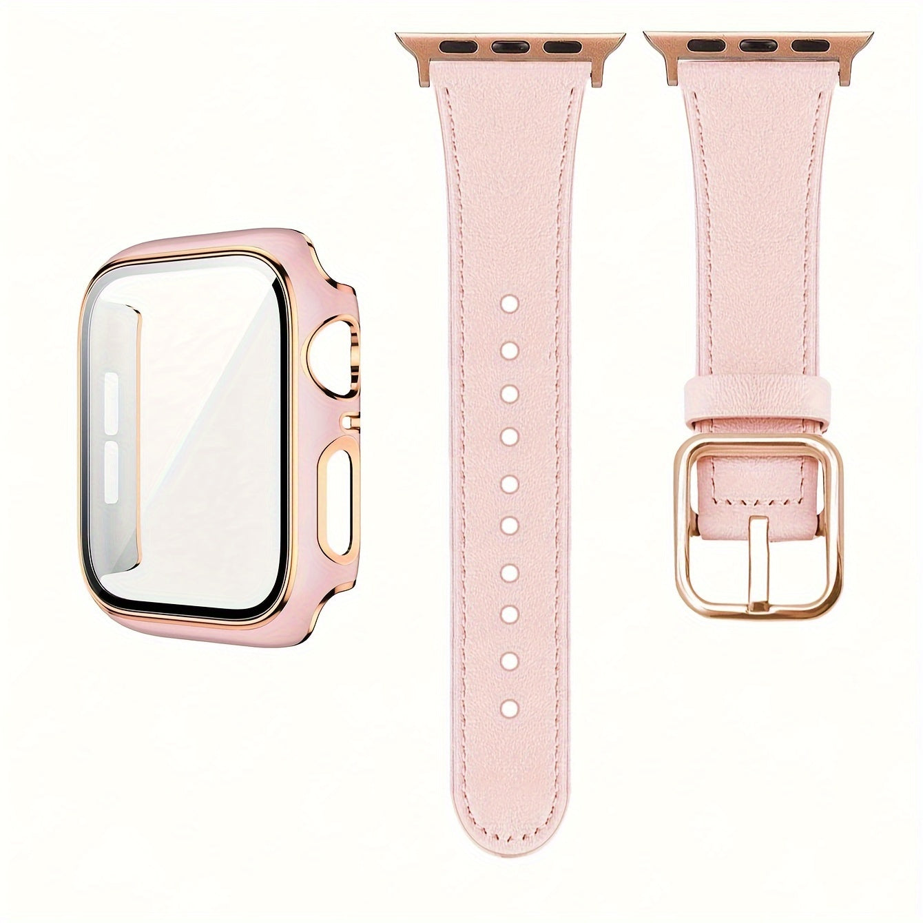 Sun Buckle Two-Color Rose Shell Protective Case for Smartwatch 2-in-1 Synthetic Leather Strap Tempered Glass Frame Compatible with iWatch Ultra Series