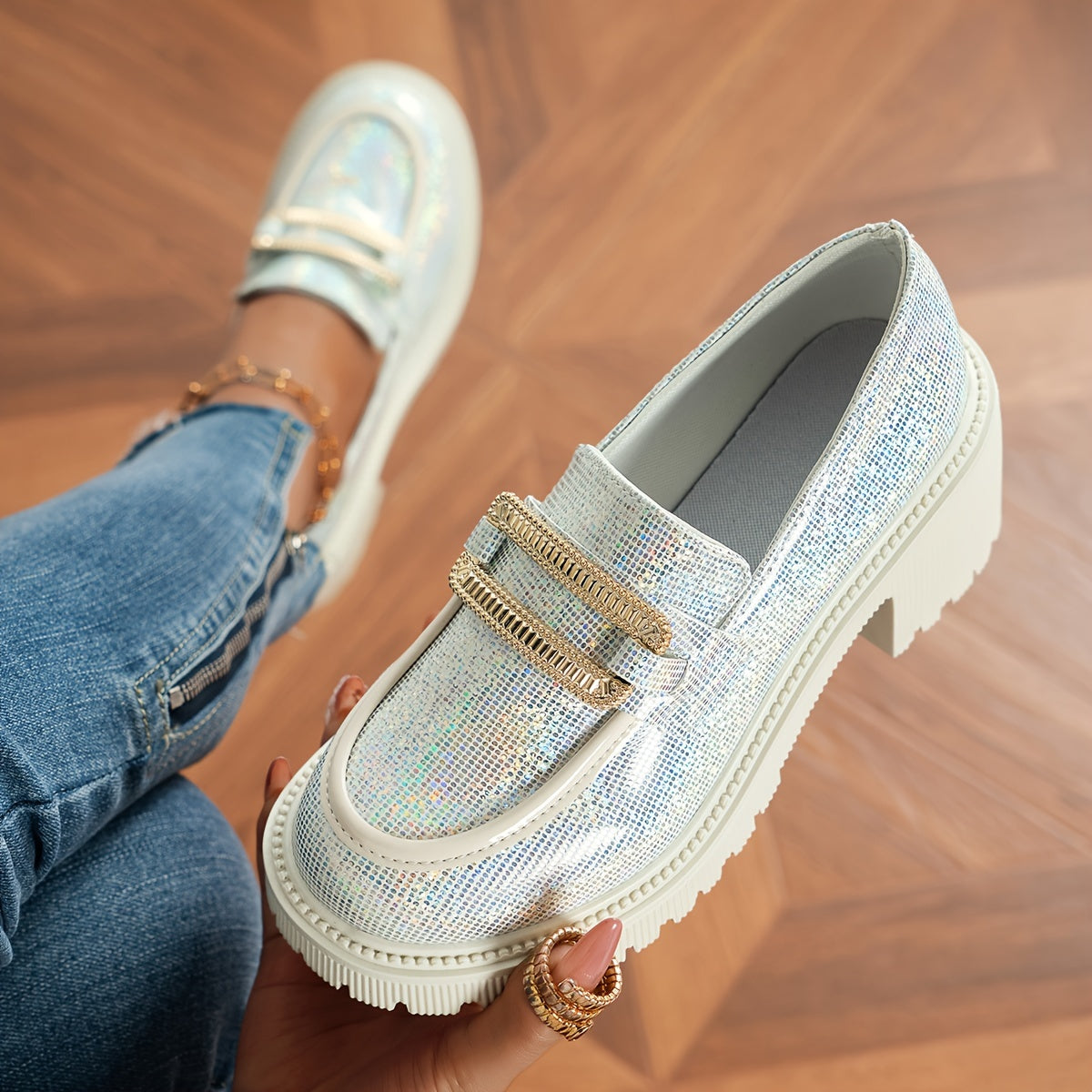 Women's Glitter Loafers Pink Sequin Slip-On Shoes with Chunky Heel