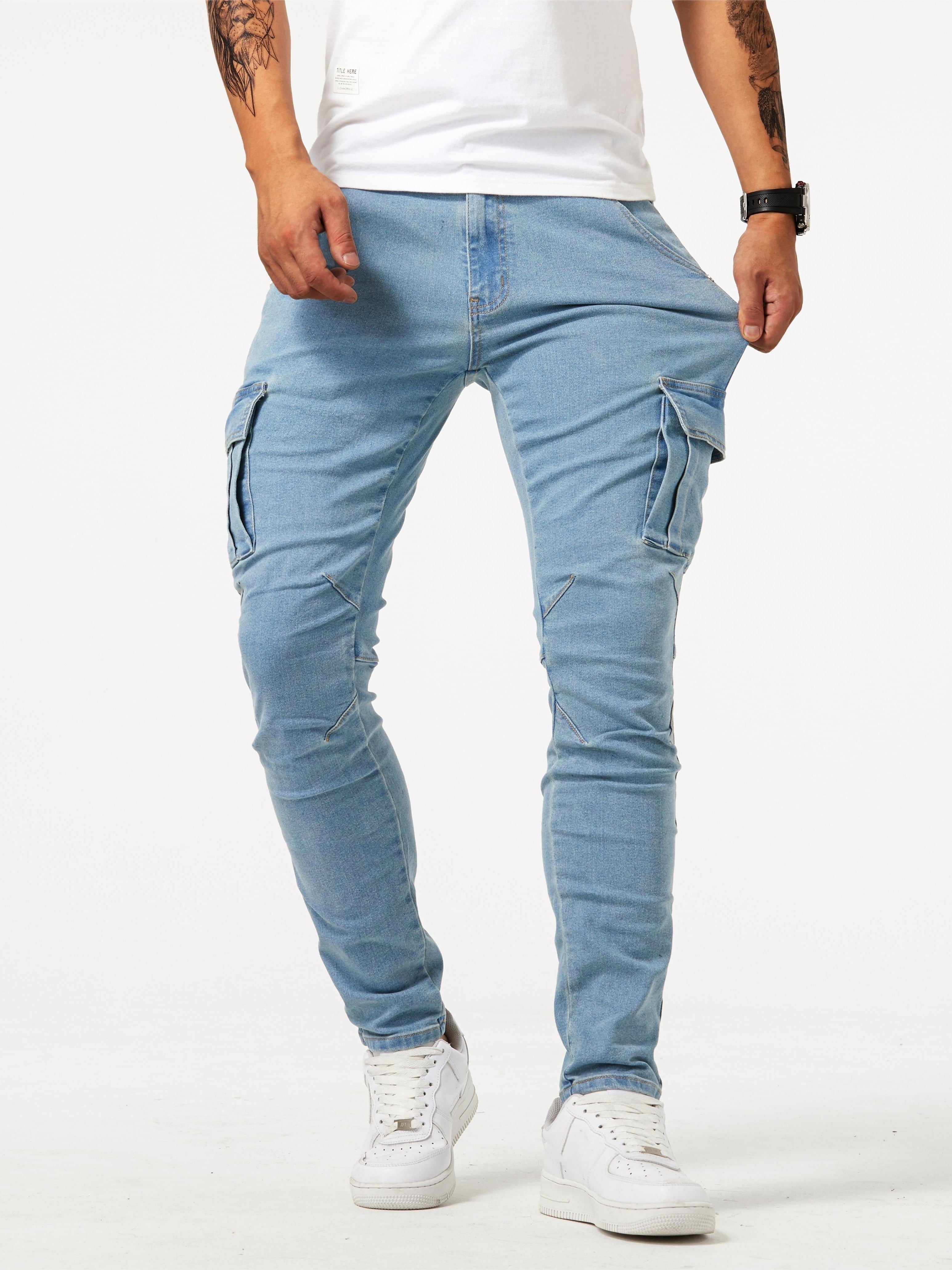 Men's Slim Jeans High Stretch Denim Solid Color Washed Skinny Fit Regular Length